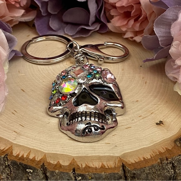 Multicolored Crystal & Silver Skull Keychain Charm - Picture 9 of 14